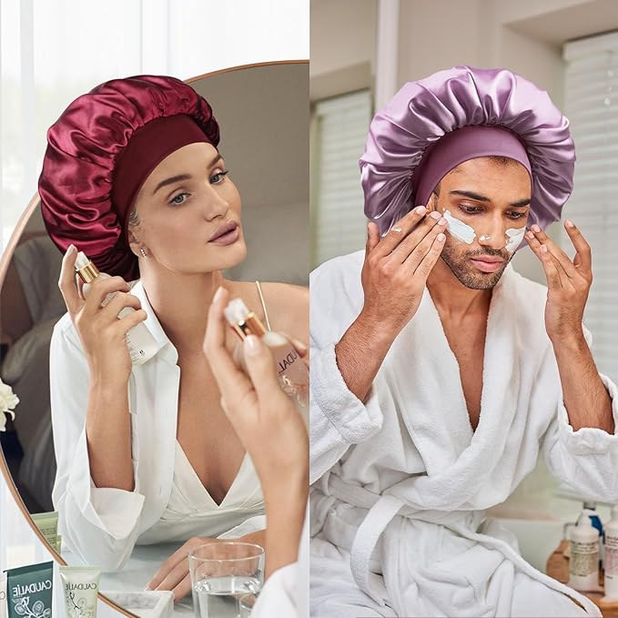 Satin Silk Bonnet for Sleeping, Double Layer Silk Sleep Cap for Men & Women, Soft Satin Lined Bonnet for Curly Hair