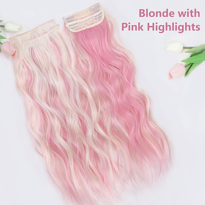 ALXNAN Clip in Long Wavy Hair Extension 20 Inch Blonde Pink Hair Extensions 4PCS Thick Hairpieces Fiber Double Weft Hair for Women