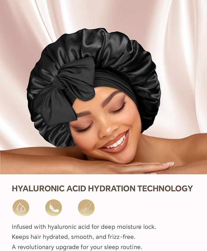 Silk Bonnet for Sleeping Women Double Layer Hyaluronic Acid Satin Bonnet with Adjustable Tie Band Sleep Cap for Curly Hair