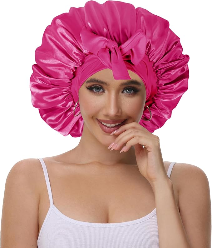 Double Layer Silk Bonnet with Tie Satin Lined Sleep Cap Hair Cover for Women's Curly Natural Hair
