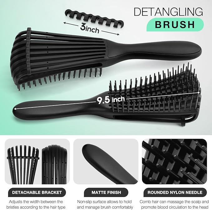 Hommtina 4pcs Detangling Brush Set Getting Shine and Makes Hair Smooth, Curly Hair Brush for Adult & Kids Wet or Dry Hair (3 PCS, Black+Black)