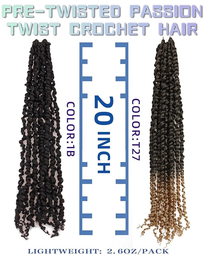 20 Inches 8 Packs crochet twists pre looped，Mixed Colors Combo Pack(6 packs 1B+ 2 pack T1B/27),Passion Twist Crochet Hair-Super Long Pre-twisted Pre Looped Hair Extensions(20"-8 Packs,1B+T27)