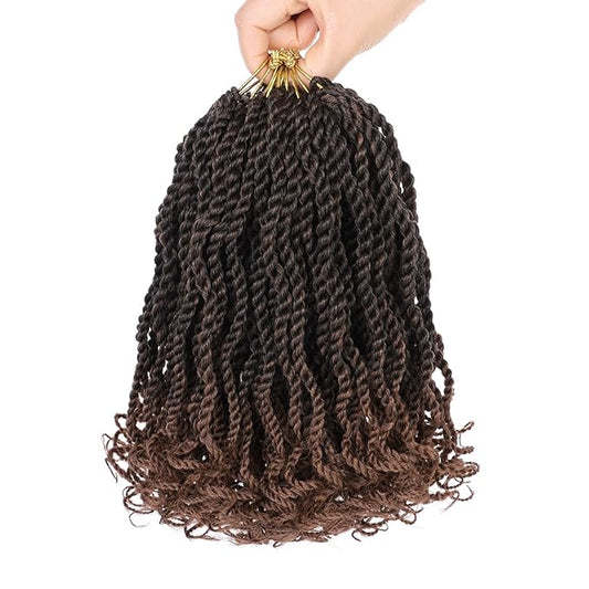 Leeven Senegalese Twist Crochet Hair 10 Inch 8 Packs Ombre Brown Pre Looped Crochet Twist with Curly Ends Short Wavy Hanava Twist Synthetic Braids Hair for Women Girl Kids