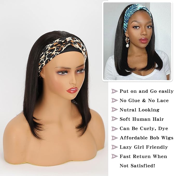 AISI QUEENS Short Bob Headband Wigs Human Hair for Black Women - Bob,Glueless,14 Inch
