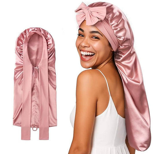 Umisleep Silk Bonnet for Sleeping Women, 22 Momme Mulberry Real Silk, Long Hair Bonnet for Braids & Curls to Reduce Frizz, Double Layer Hair Wrap with Soft Adjustable Tie Band, Pink