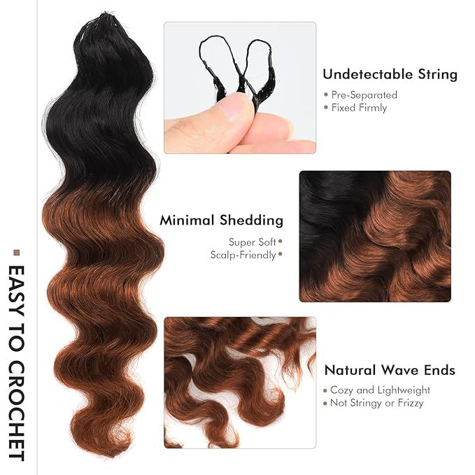 ToyoTress Ocean Wave Feather Crochet Human Hair - 12 Inch 50G Invisible Knotless Water Deep Wave Crochet Human Hair For Black Women Ombre Brown Braiding Hair (12 Inch, OT30-50G)