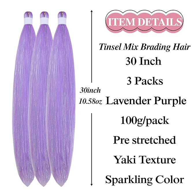Tinsel Braiding Hair Pre stretched Lavender Purple Braiding Hair for Glitter Braids Festival Braids Cosplay