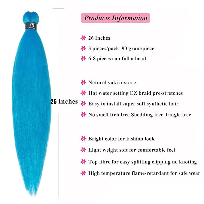 Light Blue Braiding Hair Pre Stretched Colored Blue Hair Extensions for Braids 26 Inch Yaki Hypoallergenic Kids Braiding Hair Synthetic Hair Weave 3 Bundles