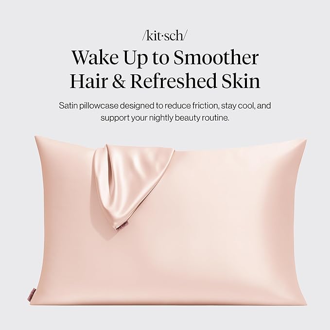 Kitsch Satin Pillowcase with Zipper for Hair & Skin, Softer Than Silk Pillow Cases Queen, Wrinkle-Free, Smooth and Cooling Satin Pillow Covers, Standard Size 19"x26" - Blush, 2pcs