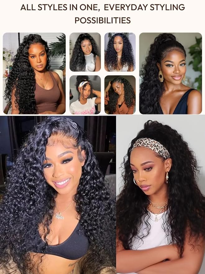 Julia Hair Glueless Half Drawstring Wig Human Hair Water Wave Blend Secure Wear and Go 12A Clip in Half Wig Wear with or Without Headband Wigs Human Hair for Women Beginner Friendly 26 Inch