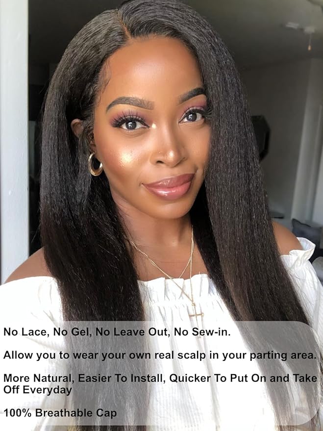 Julia Hair EasiContour V Part Kinky Straight Wigs Human Hair Glueless Yaki Straight Vpart Wig Clip in Half Wigs No Leave Out Real Scalp Upgrade U Part Kinky Wig Beginner Friendly Natural Black 26 Inch
