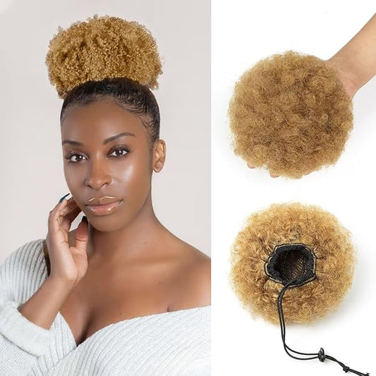 Afro Puff Clip On Human hair Drawstring Ponytail for Black Women,Ponytail Extension 6 Inch #27 Honey Blonde 50g Short Afro Kinkys Curly Afro Bun Extension Hairpiece