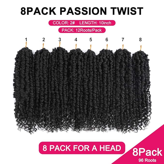 Passion Twist Hair - 8 Packs 10 Inch Passion Twist Crochet Hair For Women, Crochet Pretwisted Curly Hair Passion Twists Synthetic Braiding Hair Extensions (10 Inch 8 Packs, #2)
