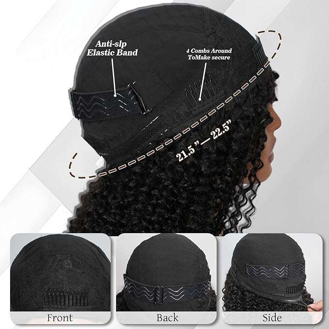 22 Inch Half Wig Human Hair 250% Density Kinky-Curly Glueless Wigs Human Hair Intall Flexible 3 In 1 Half Wig Adjustable String Flip Over Seamless Invisilbe Hairline Beginner Friendly