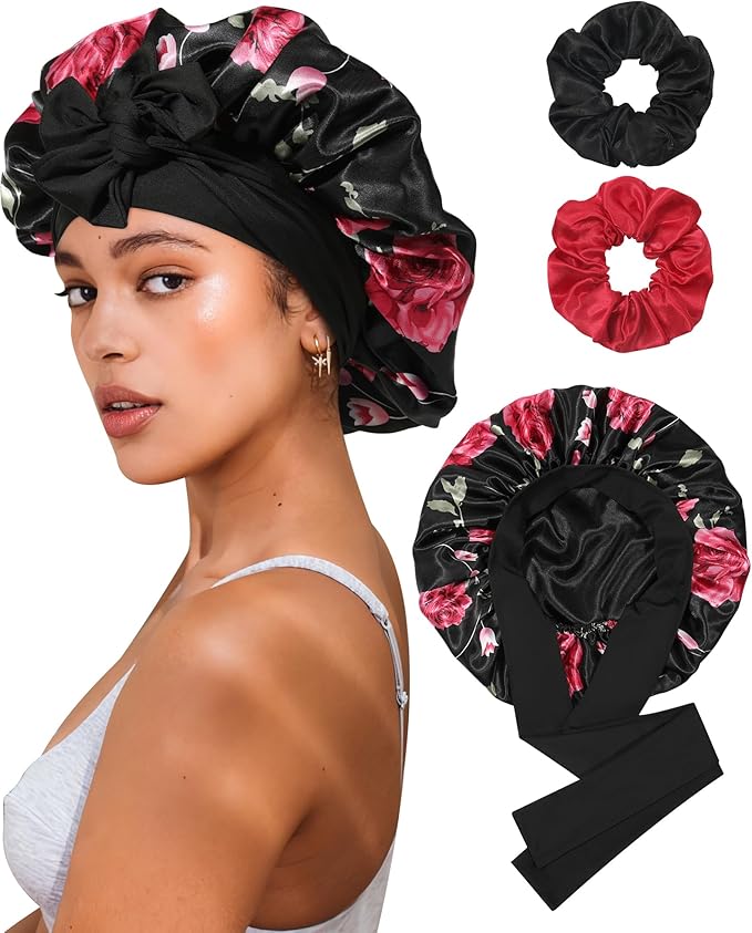 Reversible Satin Bonnet for Sleeping Women Double Layer Hair Bonnet with 2PCS Hair Scrunchies Elastic Tie Band Night Cap