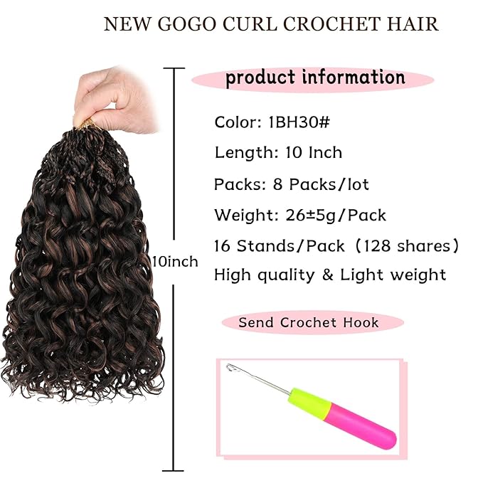 10 Inch Gogo Curl Crochet Hair 8 Packs Natural Black Ocean Wave Crochet Hair Deep Twist Pre-looped Goddess Box Braids Short Curly Water Wave Synthetic Braiding Hair for Women (16Strands/pack 1BH30#)