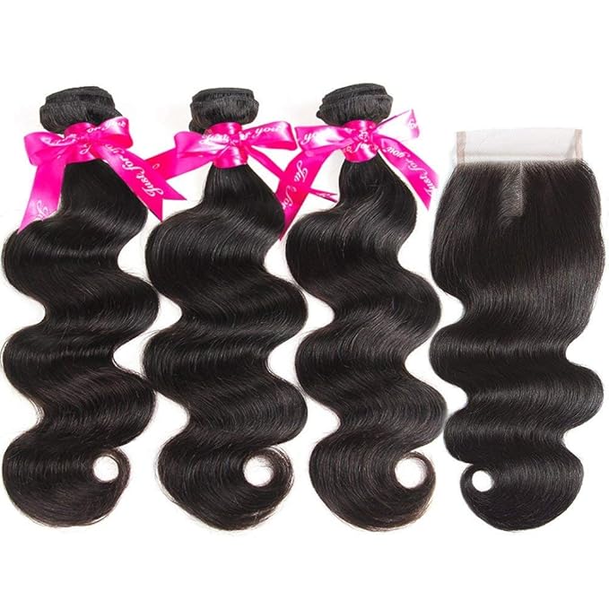 Beauty Princess Brazilian Body Wave with Closure 10A Unprocessed Brazilian Hair 3 Bundles with Middle Part Closure Natural Black Human Hair Bundles With Closure(18 20 22with 16)