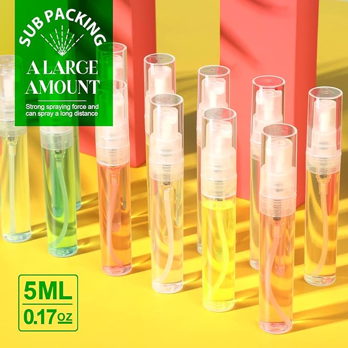 Teenitor 20Pcs Mini Spray Bottle, Travel Spray Bottle 5ml Plastic, Fine Mist Atomizer for Perfume, Mini Perfume Refillable Bottle