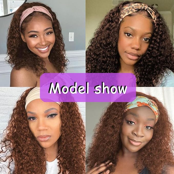 #4 Brown Headband Wig Human Hair 180% Density 100% Unprocessed Brazilian Virgin Hairs Machine Made Chocolate Brown Water Wave Headband Wig Human Hair For Woman 18 Inch