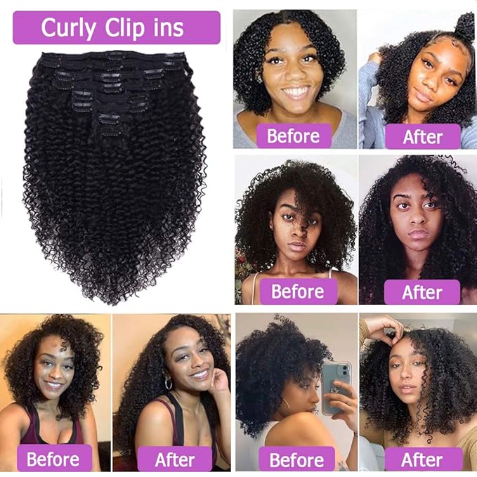 Curly Clip In Extension Human Hair 3C 4A Kinky Curly Clip Ins Full Head for Black Women Brazilian Remy Human Hair Natural Color 8Pcs with18clips 120g/Set (30 inch, curly wave)