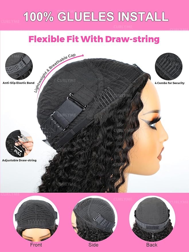 Curlyme Burmese Curly Half Wig Human Hair Flip Over Half Wigs Drawstring Band Wear Go Glueless Wig Invisible Hairline Burmese Curly Wig Human Hair Headband Wig for Women 18 Inch