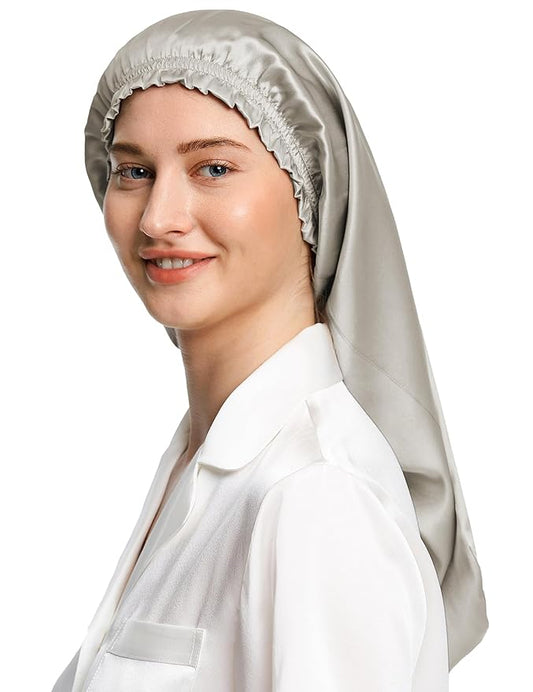 LilySilk Pure Mulberry Silk Long Bonnet for Sleeping - 19MM Silk Hair Cap for Long Curly Hair - Women's Sleep Cap with Elastic Band, Silvergray
