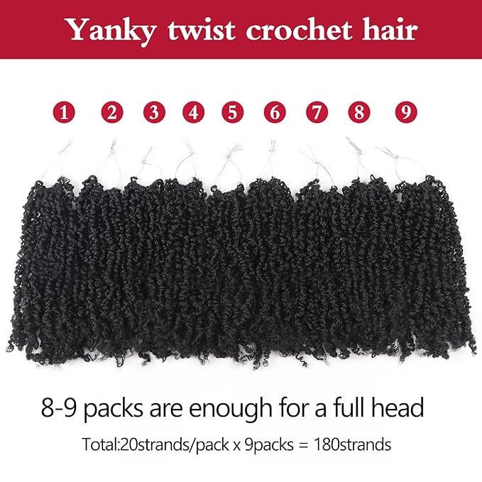 Yanky Twist Crochet Hair, PILLUGER Yaki Twists Hair Micro Spring Twist Braids,9 Packs Pre-looped passion Twist Brown Senegalese With Curls Crochet Synthetic Hair Extensions(1B)