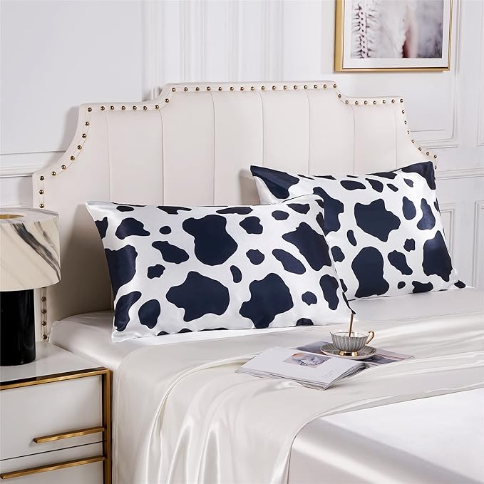Satin Pillowcase for Hair and Skin, Cow Print Pillow Cases 2 Pack King Satin Pillowcase Set of 2 Cooling Silky Cow Pillowcase with Envelope Closure (20x36 inches, Black and White)