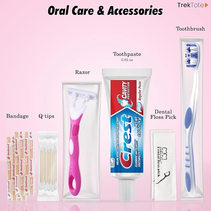 Trektote Bulk Hygiene Kit For Women – (25 Pack) 15 Piece Set – Featuring Top Trusted Brands, TSA Compliant, Bulk Travel Essentials, Includes Shampoo And Conditioner, Lotion, Toiletry Bag & More