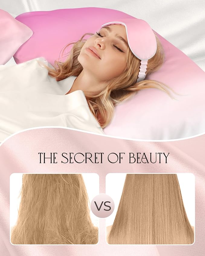 Mulberry Silk Pillow Case for Hair and Skin 19 Momme Standard 26"x20" Pk White Gradient Silk Pillowcase with Eye Mask & Scrunchie Soft Silk Pillowcase Sleeping for Moms, Women