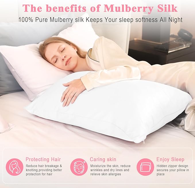 100% Pure Silk Pillowcase 2 Pack for Hair and Skin, Both Sides 23 Momme Grade 6A+ Mulberry Silk Pillowcases with Hidden Zipper, Soft&Smooth Cooling Pillow Cases (White, Standard 20x26)