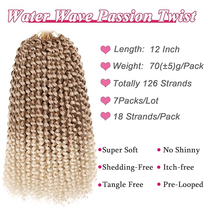 Leeven 7 Packs 12 Inch Passion Twist Hair Ombre Blonde Water Wave Crochet Braids for Passion Twist Crochet Braiding Hair Short Bob Distressed Butterfly Locs Hair Extensions T27/613#
