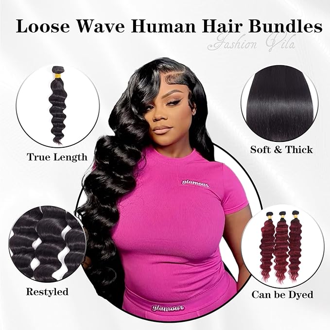 Loose Wave Bundles Human Hair (24 26 28 Inch) 12A Loose Deep Wave Human Hair Bundles 100% Unprocessed Brazilian Virgin Remy Hair Extension Natural Color