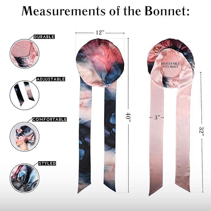 100% Mulberry Silk Bonnet with Ties – Adjustable 19 Momme Double-Layer Reversible Hair Wrap – Stay-On Sleep Cap for Women, Curly Hair, Natural Hair Care – Handmade in USA (Blue & Blush)