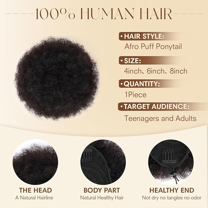 Human Hair Ponytail Kinky Curly 100% Human Hair #1B Natural Black Medium Kinky Curly Durable Natural Soft and Smooth Clip On Drawstring Ponytail