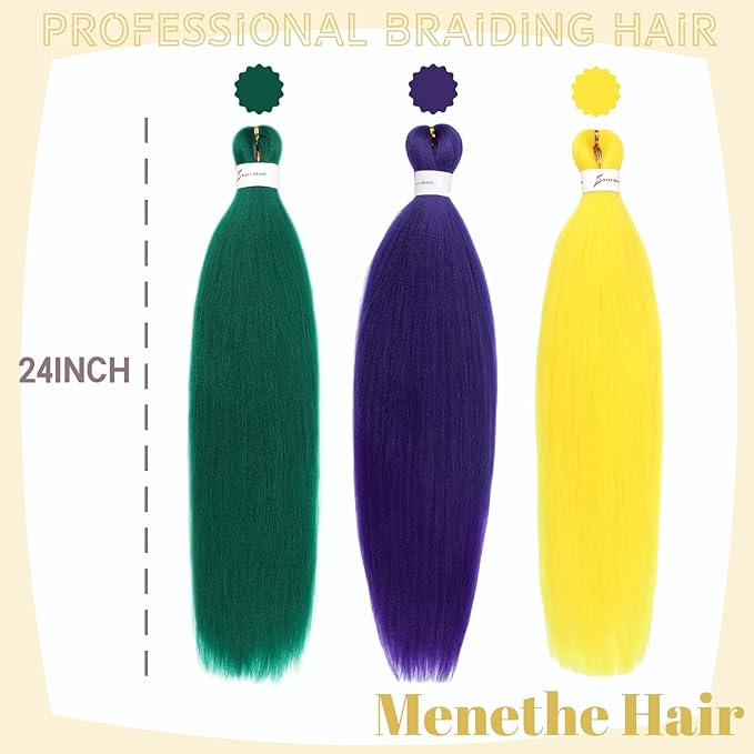 24 inch Colored Pre Stretched Braiding Hair Natural as Human Braiding Hair Extensions Crochet Hair Synthetic Crochet Braids (24Inch, Green/Purple/Yellow)
