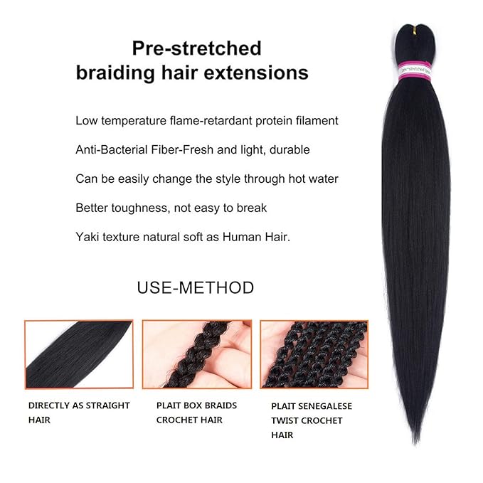 Pre Stretched Braiding Hair Extension Natural Black Color 8 Packs 28 Inch Long Professional Hair for Braiding Twist Braids Itch Free Hot Water Setting Yaki Straight Synthetic Hair for Women (#1B)