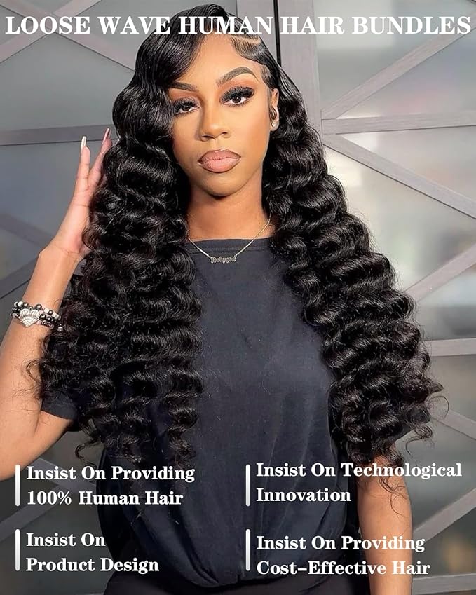 Loose Wave Bundles Human Hair with Closure (18 20 22+16) 12A Brazilian Virgin Human Hair Loose Deep Wave 3 Bundles with 4x4 Closure Natural Color 100% Unprocessed Human Hair Extension
