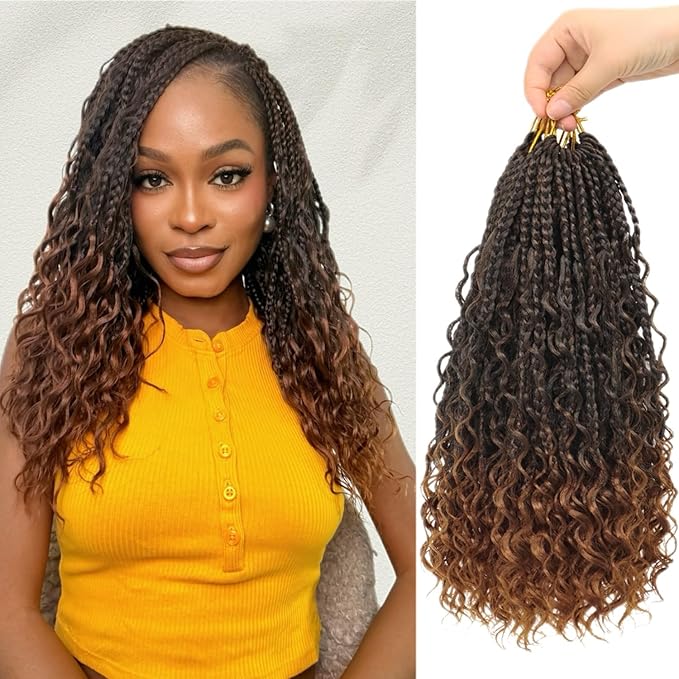 Eacia Goddess Box Braids Crochet Hair 14 Inch 7 Packs Boho Box Braids Pre looped Curly Bohemian Crochet Hair Extensions with Curly Ends for Women(14 Inch, T1B/30#)