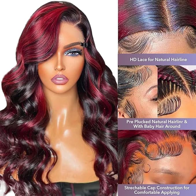 MEGOOD 99j Burgundy Lace Front Wigs Human Hair Pre Plucked 250 Density 13x6 Highlight Burgundy Wig Human Hair for Women HD Transparent 13x6 Body Wave Lace Frontal Wigs Glueless Wine Red Wig 32 Inch
