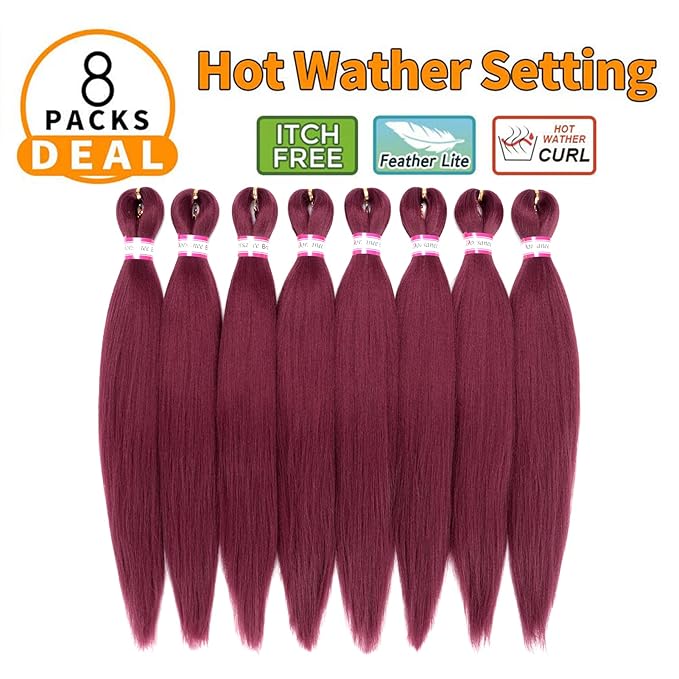 Burgundy Braiding Hair Pre Stretched 20 Inch 8 Packs Braiding Hair Extensions for Crochet Box Braids Twists Locs Hair Itch Free Soft Yaki Texture Hot Water Setting (20inch,#Burgundy)