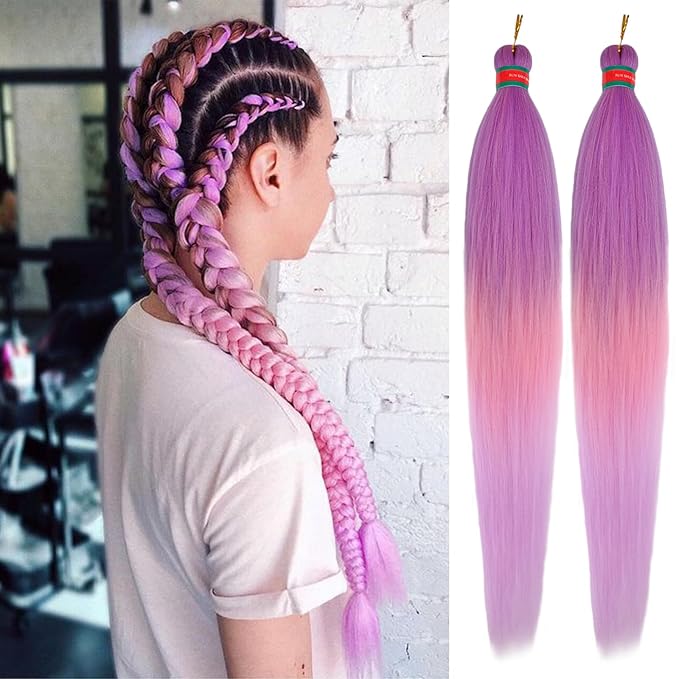 Purple/Pink Pre stretched Braiding Hair 2 Packs Pre feathered Braid Hair Extensions 30 Inches Synthetic Hair Braids