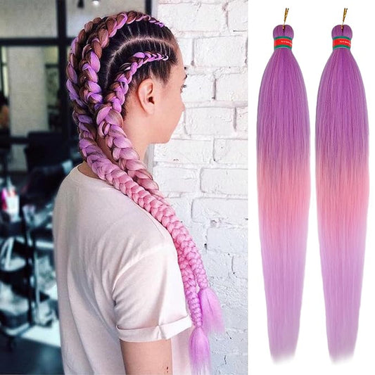 Purple/Pink Pre stretched Braiding Hair 2 Packs Pre feathered Braid Hair Extensions 30 Inches Synthetic Hair Braids