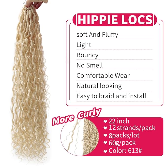 8Packs Goddess Locs Crochet Hair 22Inch Crochet Locs,Boho Faux Locs With Curly Ends River Hippie Locs Bohemian Locs Blonde Crochet Hair for Black Women(613#, 22inch(Pack of 8))