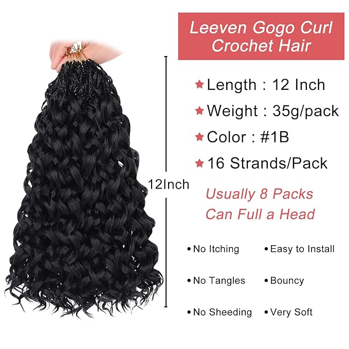 Leeven Gogo Curl Crochet Hair 12 Inch 8 Packs Black Ocean Wave Crochet Hair Pre Looped Deep Twist Goddess Box Braids Short Curly Water Wave Synthetic Braiding Hair for Women Girl Kids