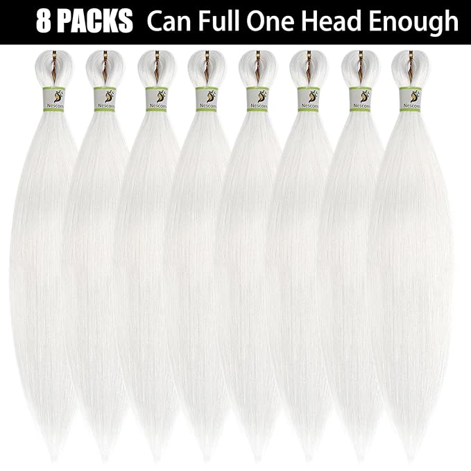 Pre Stretched Braiding Hair With Yaki Texture, Professional Hair Extension for Corochet Braid (White, 24inch（pack of 8）)