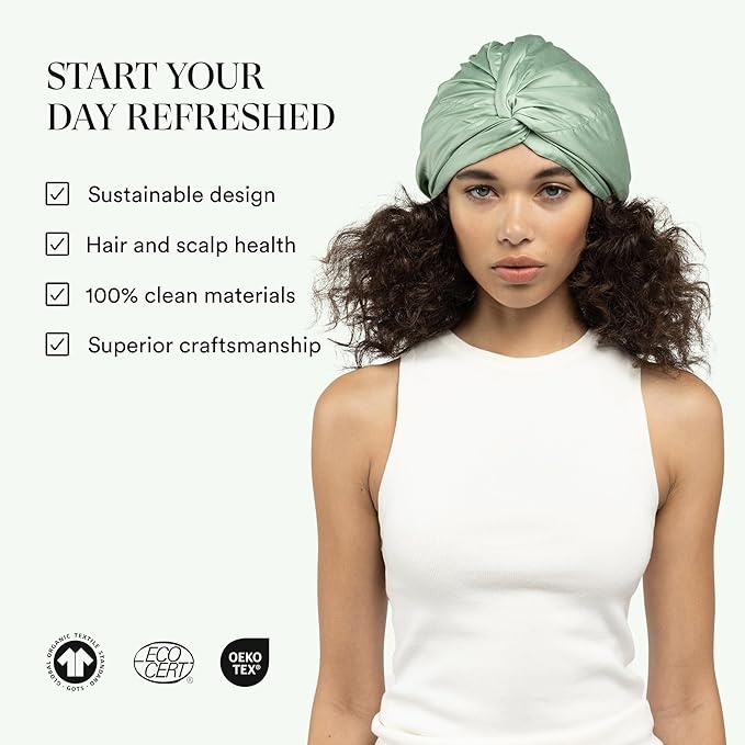 Essentials by Clementine Organic Hair Bonnet in Match Point Green | Silver Ion Silk Lined Bamboo Sleep Cap for Frizz-Free, Curly Hair, and Scalp Health
