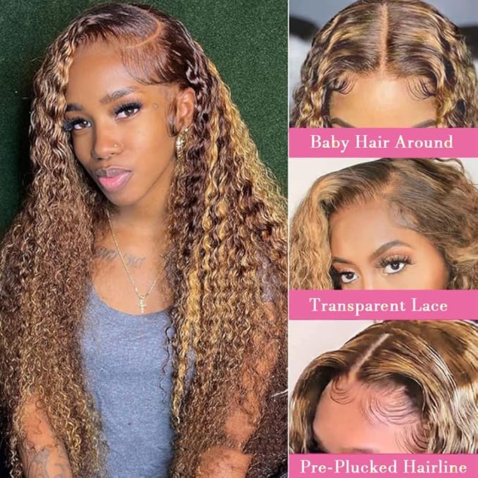 Chesma 24inch Highlight Ombre Lace Front Wig Human Hair 13x4 HD Honey Blonde 4/27 Deep Wave Lace Frontal Wigs Glueless Wigs Human Hair Pre Plucked180 Density