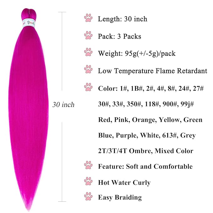 30 Inch Magenta Braiding Hair Knotless Hypoallergenic Non Toxic Pink Braiding Hair Pre Stretched Plant Based Synthetic Braids Hair Extensions 3 Packs