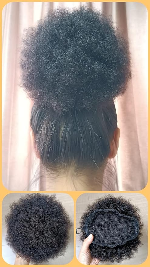 Afro Puff Drawstring Ponytail Human Hair Small Kinky Curly Ponytail Buns Hairpieces 8A Brazilian Virgin Hair Short Clip In Ponytails for Black Women Girls Kids 6 Inch Natural Black